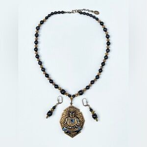 Hand Crafted Gold and Blue Buddha Czech Glass Antique Brass Necklace w/ Earrings